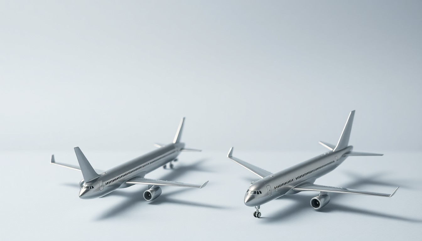 A minimalist, photorealistic studio still life featuring a set of polished metal airplane models arranged elegantly on a clean, monochromatic background, conceptually representing the abstract impact of airline mergers on consumers.