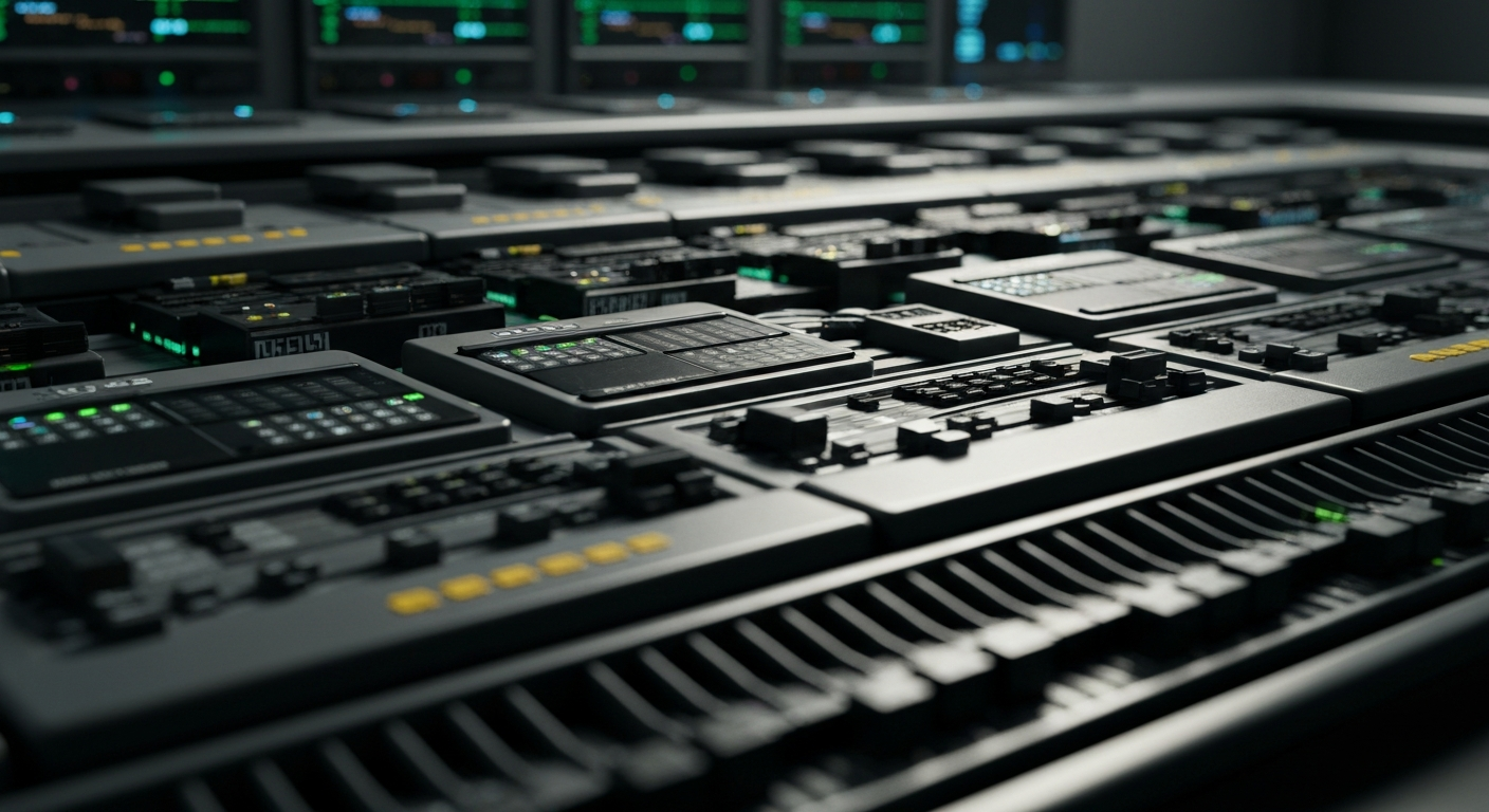 An extreme close-up of a complex array of banking machinery and electronic components, conveying the powerful, secure infrastructure behind financial markets.