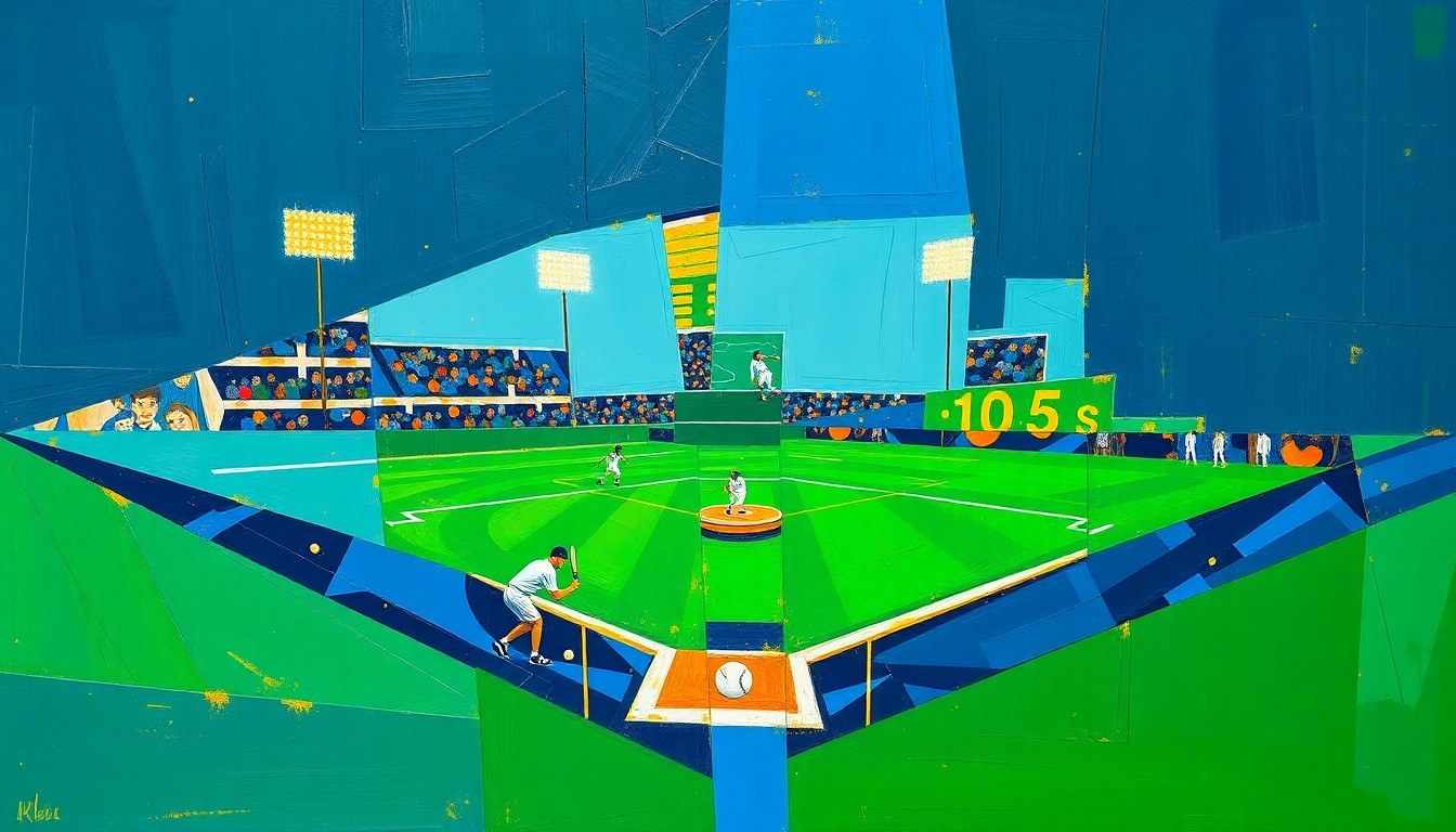 A cubist, geometric painting depicting a softball game or match, with sharp, overlapping planes of navy blue, kelly green, and gold representing the dynamic action on the field.
