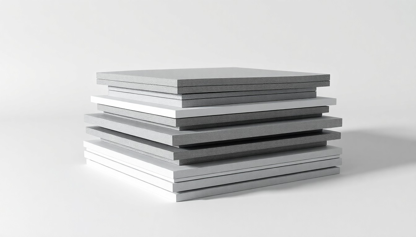 A high-end, photorealistic studio still-life photograph featuring a stack of sleek, polished insulation panels in shades of gray and white, arranged elegantly on a clean, monochromatic background and dramatically lit to highlight the premium materials and advanced building technology at the heart of Kingspan's sustainable headquarters.