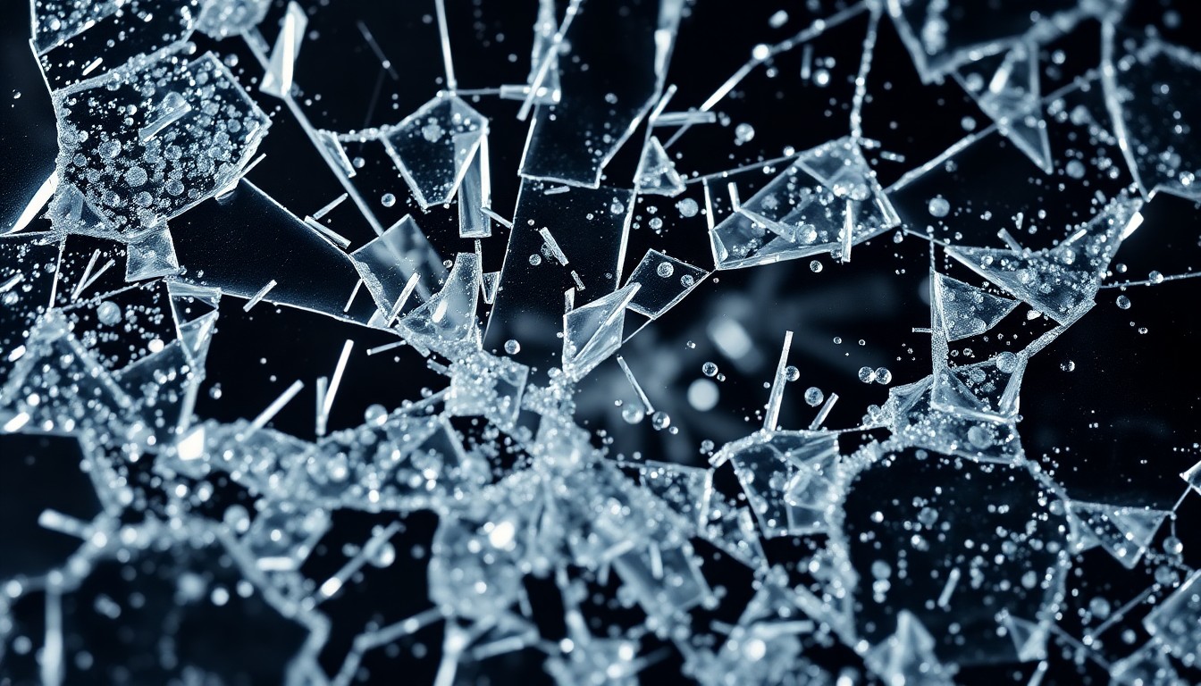 An extreme close-up photograph of shattered glass and glittering sequins, creating an abstract, high-contrast image that evokes the high-stakes, high-tension world of corporate power dynamics and gender inequality.