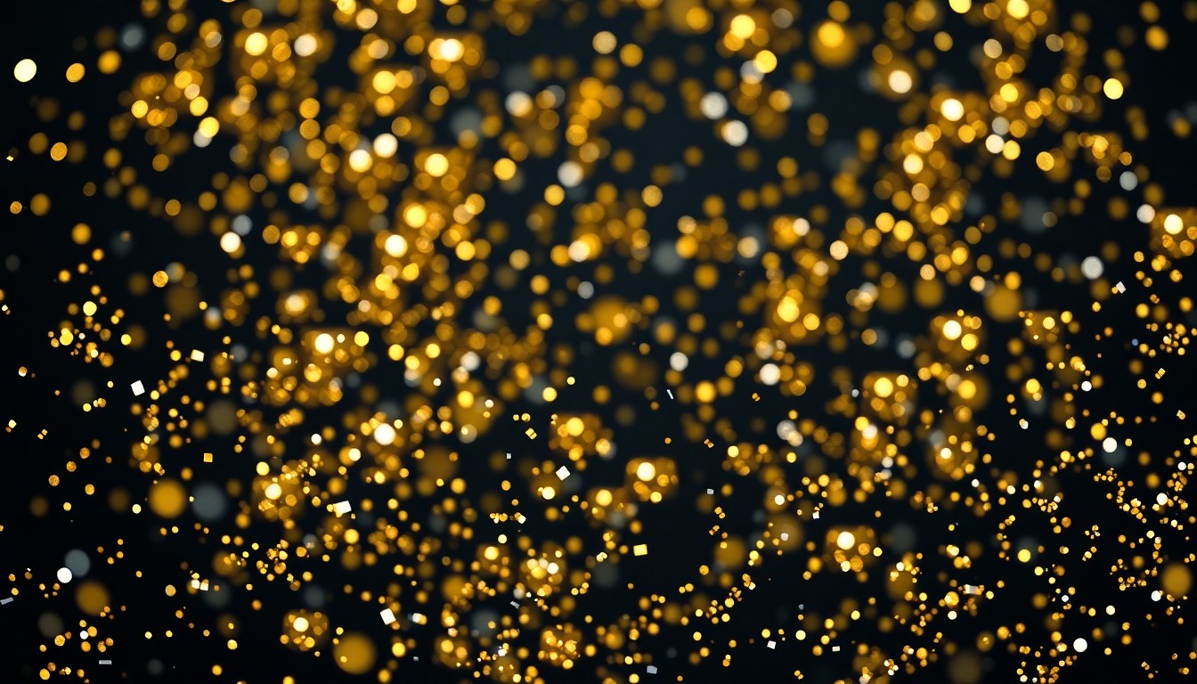 An extreme close-up photograph of shimmering gold and silver confetti scattered across a dark background, creating a glamorous, high-contrast texture that evokes the celebratory energy of a major outdoor music festival.