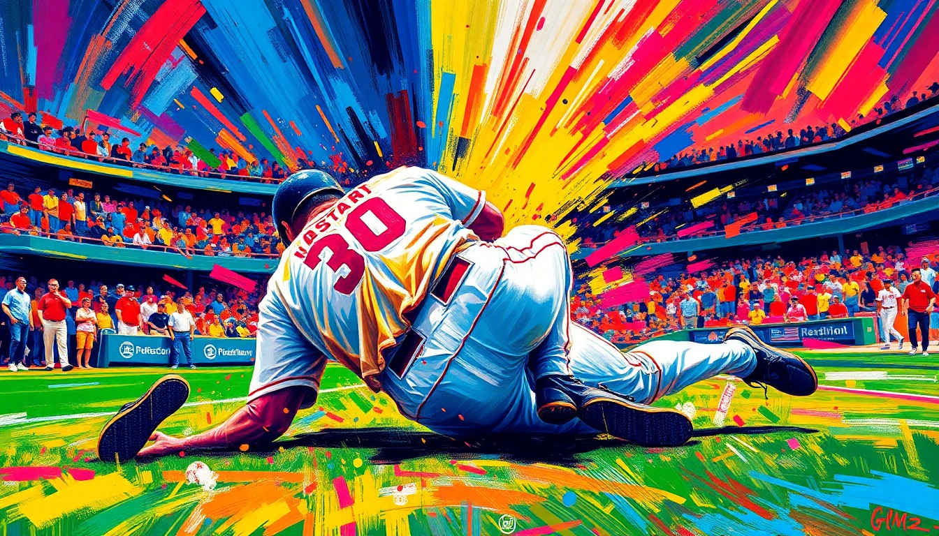 An abstract, expressionist painting in neon colors depicting a baseball player collapsing on the field, with the crowd and stadium blurring into the background, conveying the raw emotion and tension of the moment.