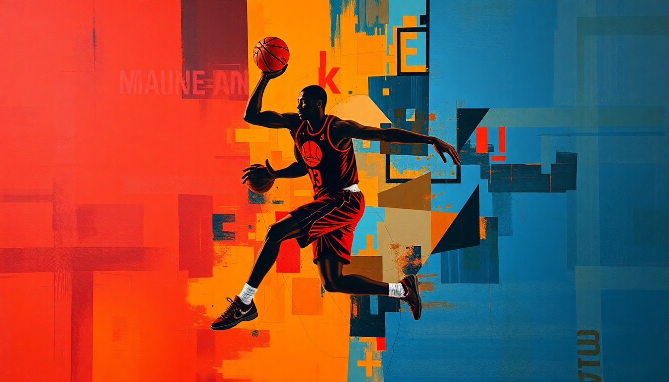 A fragmented, cubist-style painting depicting the silhouette of a basketball player in motion, broken down into sharp, overlapping geometric shapes in a palette of deep red, orange, and blue tones.
