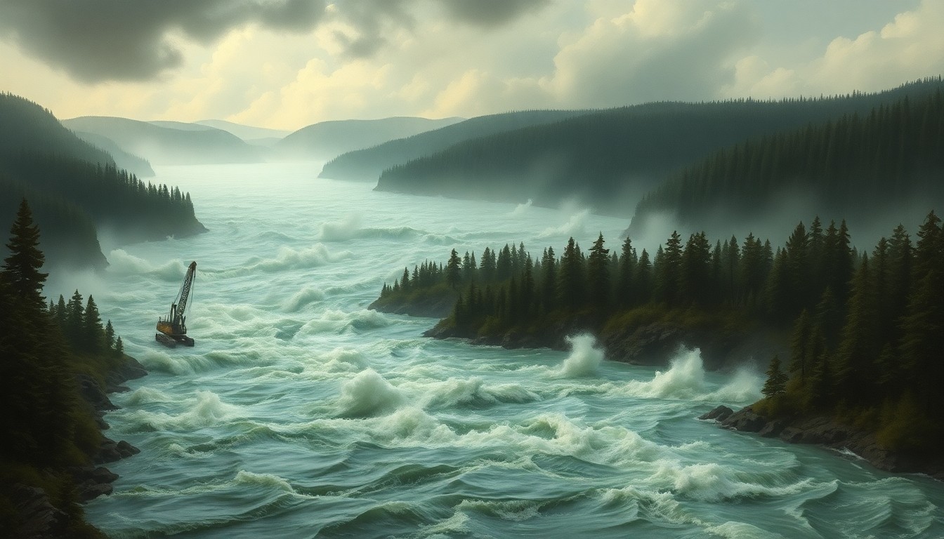 A sweeping landscape painting in muted tones of gray, blue, and green, depicting a raging river swollen with floodwaters rushing through a wooded valley, with the partially submerged outline of construction equipment barely visible in the distance, conveying the overwhelming power of nature and the vulnerability of human endeavors to extreme weather.