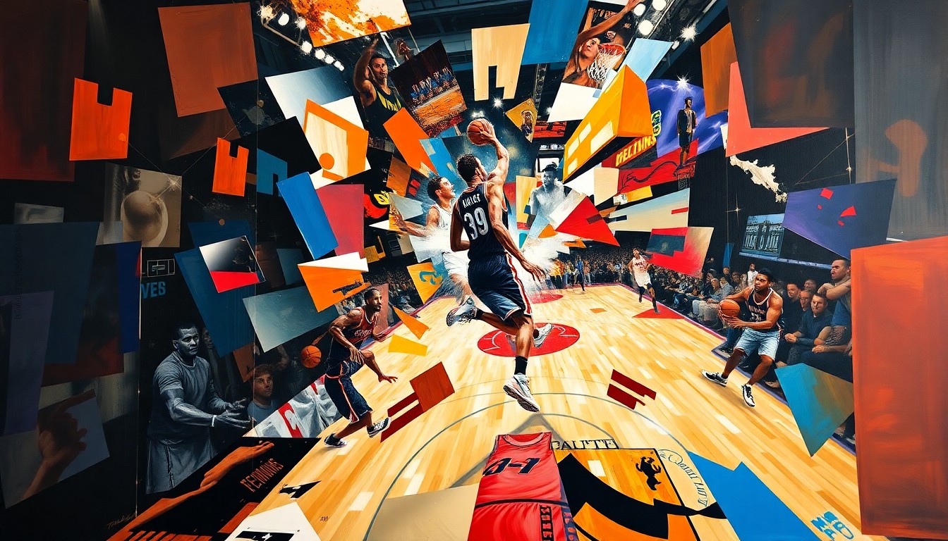 A fragmented, geometric painting in shades of blue, orange, and green, depicting the overlapping movements and energy of a basketball player on the court, conveying the disruption caused by an injury to a key team member.