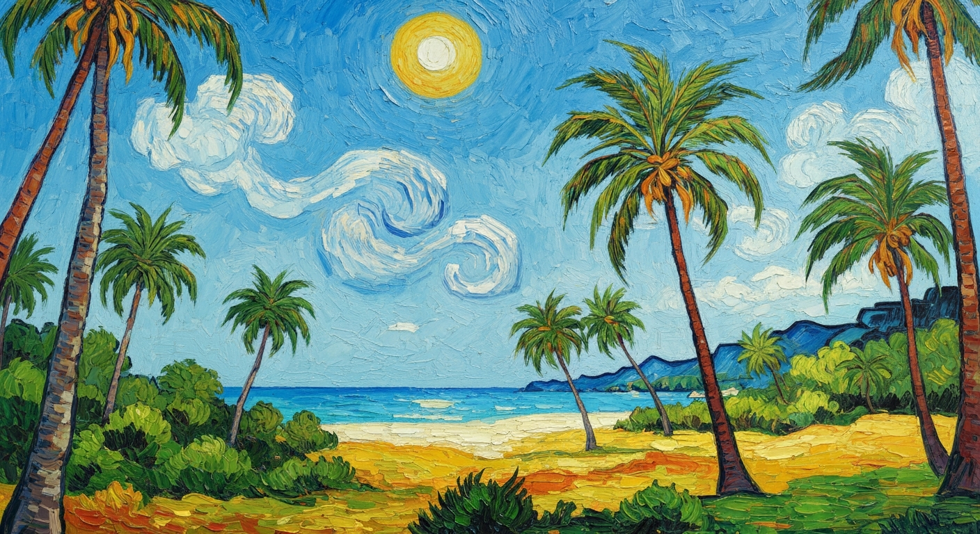 A vibrant, textured oil painting in the style of Vincent Van Gogh, depicting a sun-drenched tropical landscape with swaying palm trees, azure blue skies, and a glimpse of a pristine beach in the distance, conceptually representing the energy and appeal of a popular vacation destination.