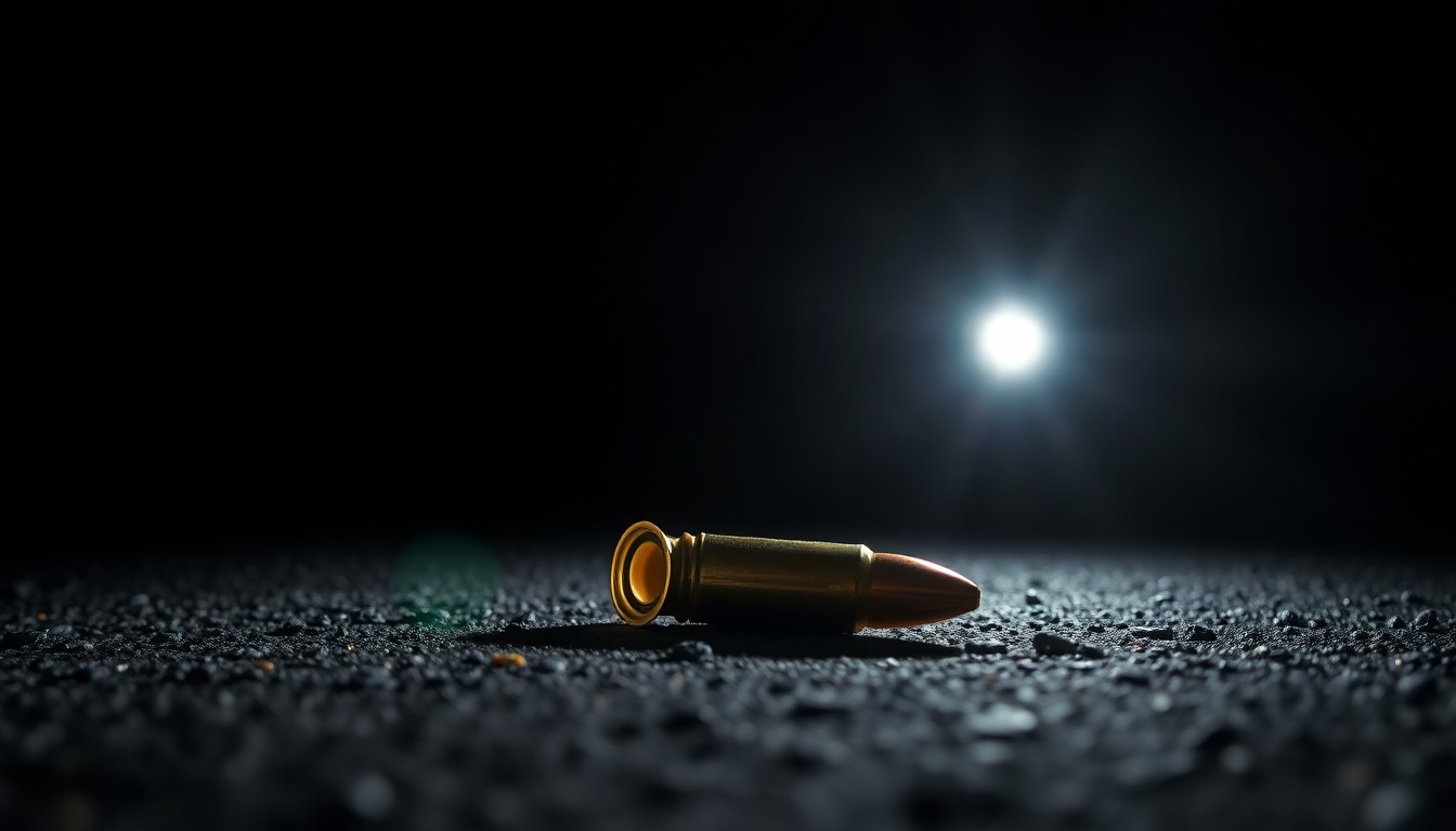 An extreme close-up of a spent bullet casing on asphalt, conceptually illustrating the aftermath of a shooting incident at a gas station.