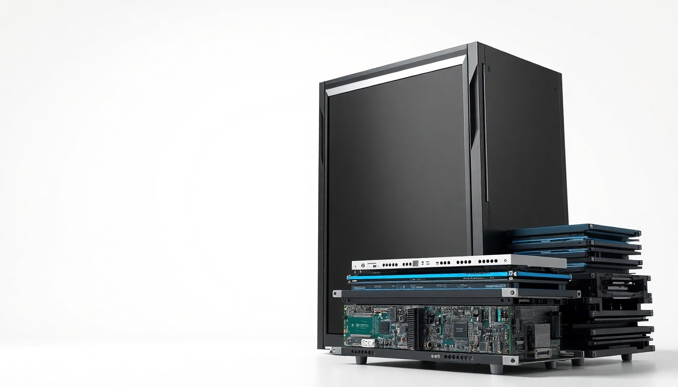 A minimalist, photorealistic studio still life featuring a sleek, metallic data server tower and a stack of circuit boards in shades of silver, black, and blue, set against a clean white background, conveying the abstract concepts of technology, infrastructure, and economic development.