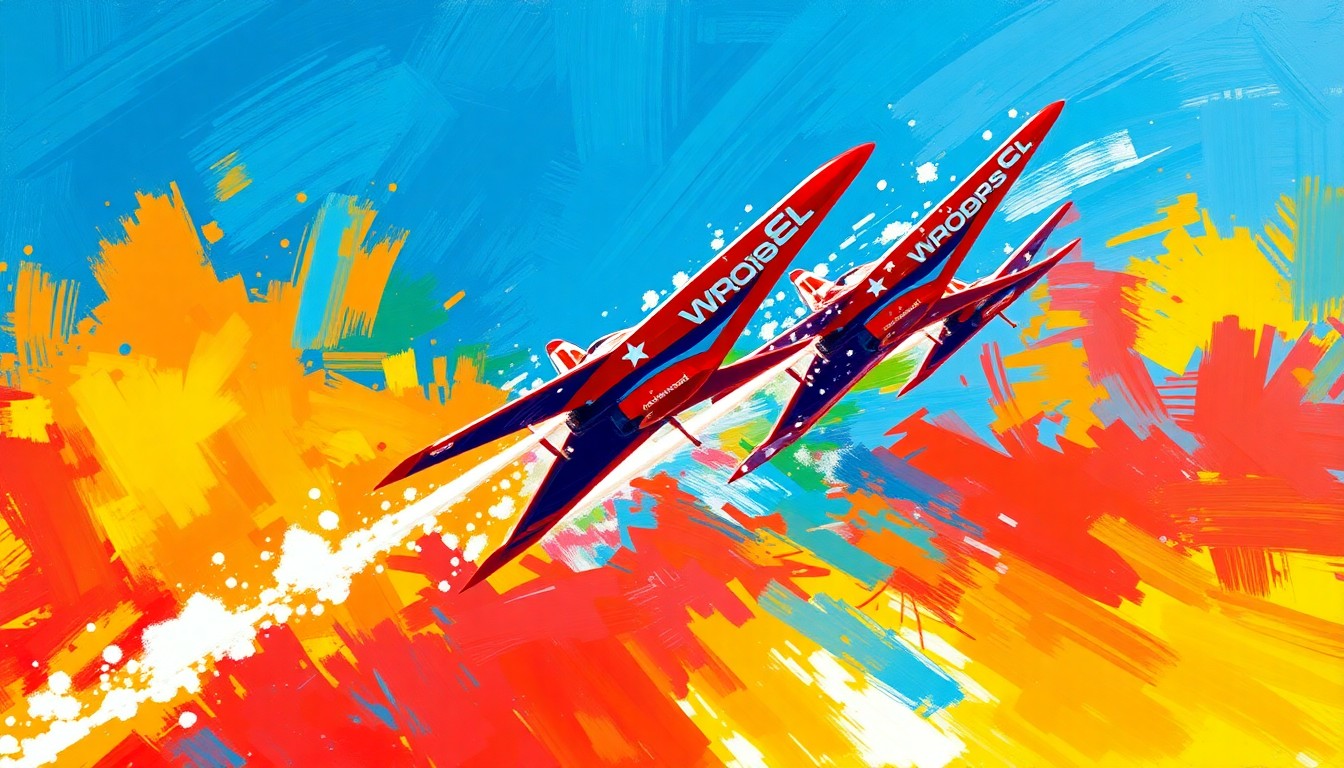 A textured, energetic painting in neon colors depicting the dynamic aerial maneuvers of the Canadian Snowbirds, conceptually representing the excitement and spectacle of their performance at the Columbus Air Show.
