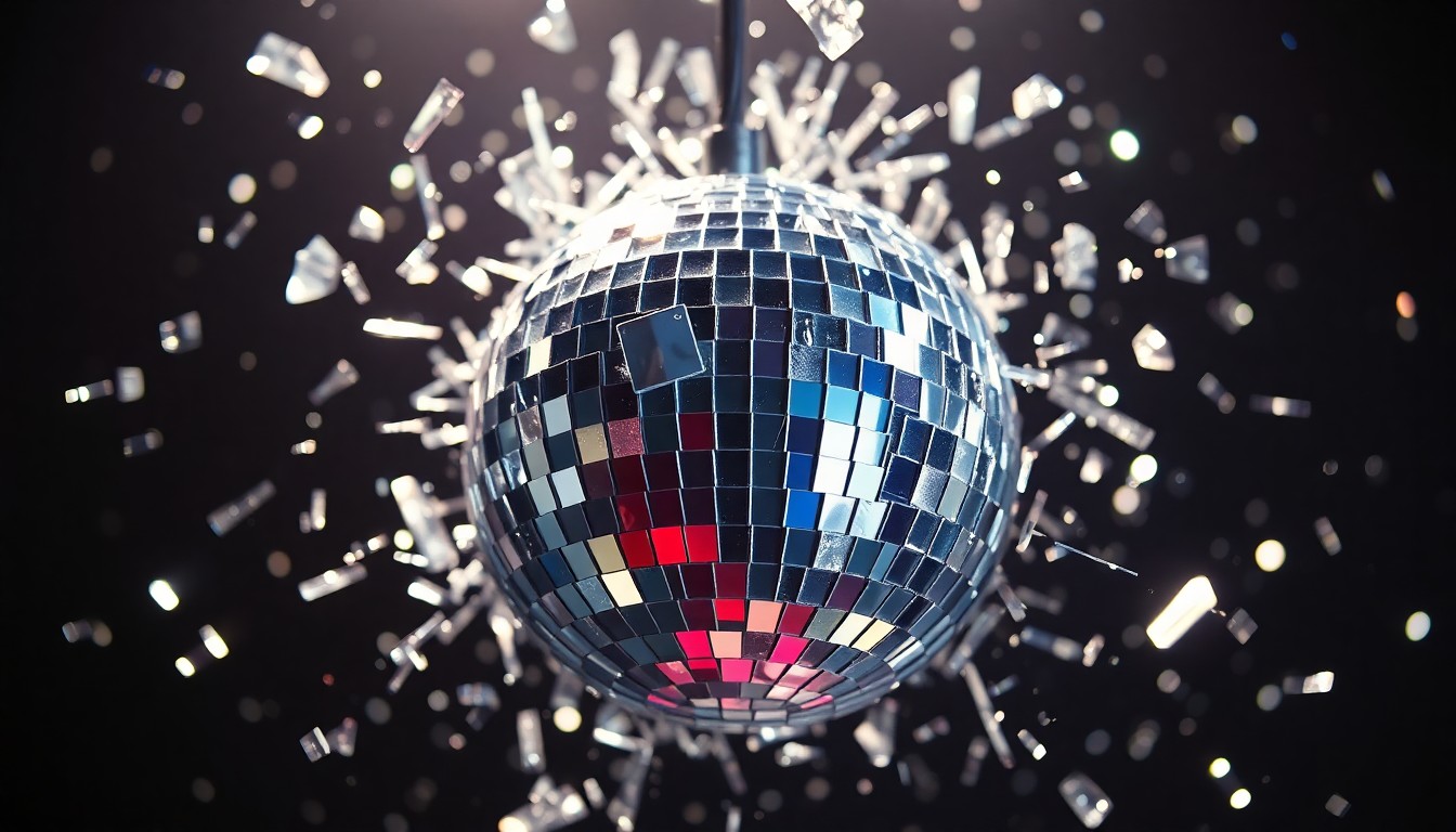 An extreme close-up of shattered, reflective glass fragments in a dramatic, high-contrast studio lighting setup, conceptually representing the glamour and intensity of the RuPaul's Drag Race finale.