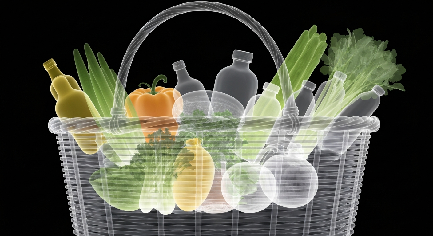 A translucent X-ray photograph revealing the internal structure of a woven basket filled with fresh produce and other grocery items, conceptually representing the nourishment and wellness being provided to the local community.