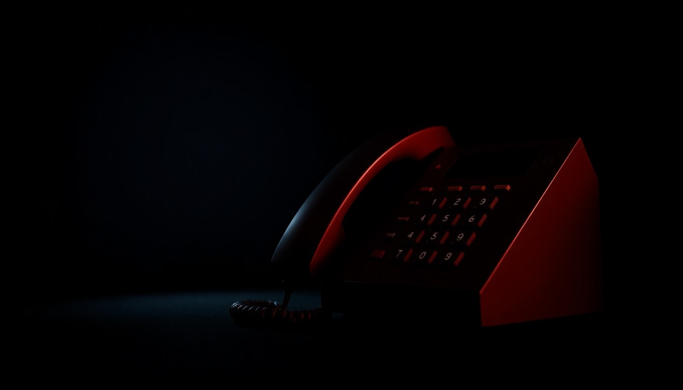 An extreme close-up photograph of a landline telephone handset against a pitch-black background, lit by a harsh, direct camera flash, conceptually representing an anonymous threat and the need for a swift investigative response.