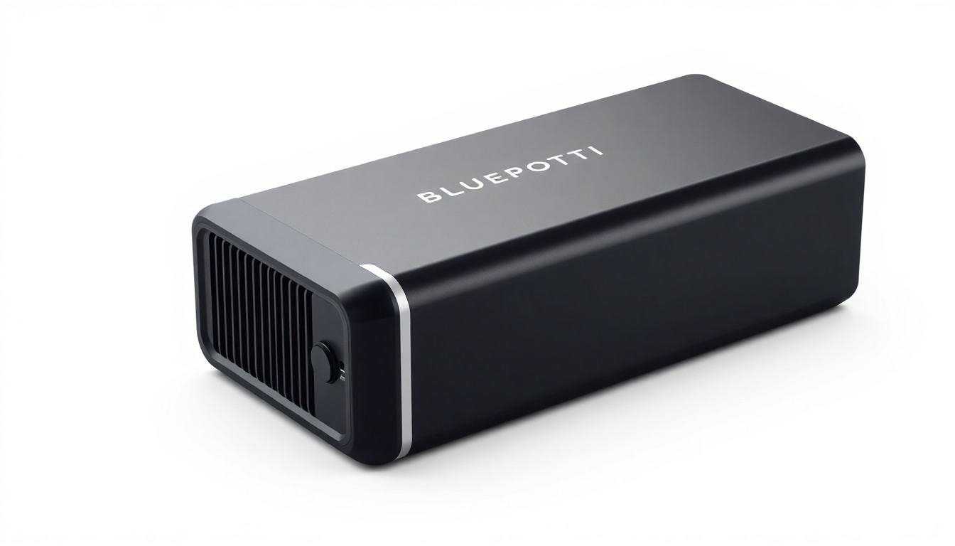 An extreme close-up of the BLUETTI FridgePower battery backup unit, featuring a minimalist industrial design with clean lines, matte black and silver finishes, and subtle metallic accents, conceptually illustrating a reliable power solution for essential home appliances.