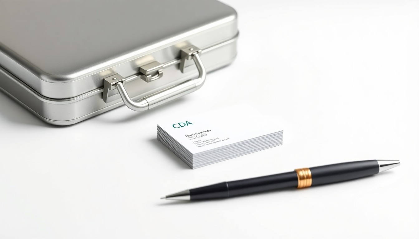 A minimalist studio still life photograph featuring a polished metal briefcase, a stack of business cards, and a pen arranged elegantly on a clean white background, conceptually representing the professional networking and career opportunities available at the CDA's annual small business and job fair event.