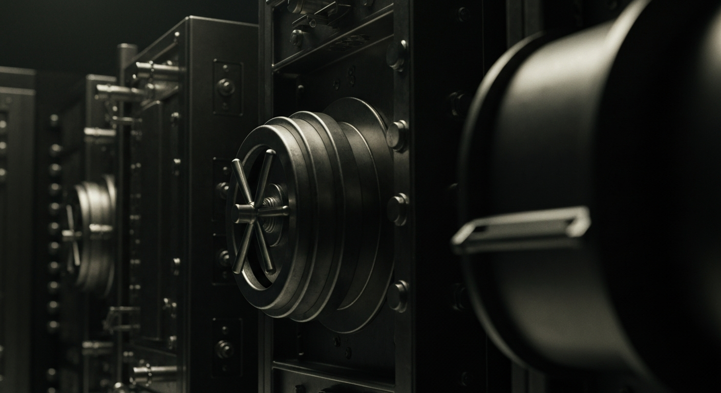 An extreme close-up of heavy, industrial banking equipment and machinery, dramatically lit against a dark background, conceptually representing the financial security and institutional power of a major banking corporation.