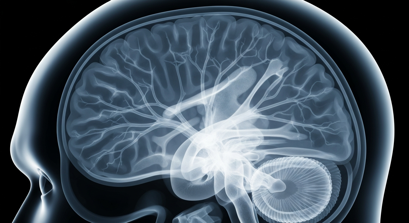 An ethereal, ghostly X-ray image revealing the delicate neural structures of a human brain, conceptually representing the advancements in neurological research.