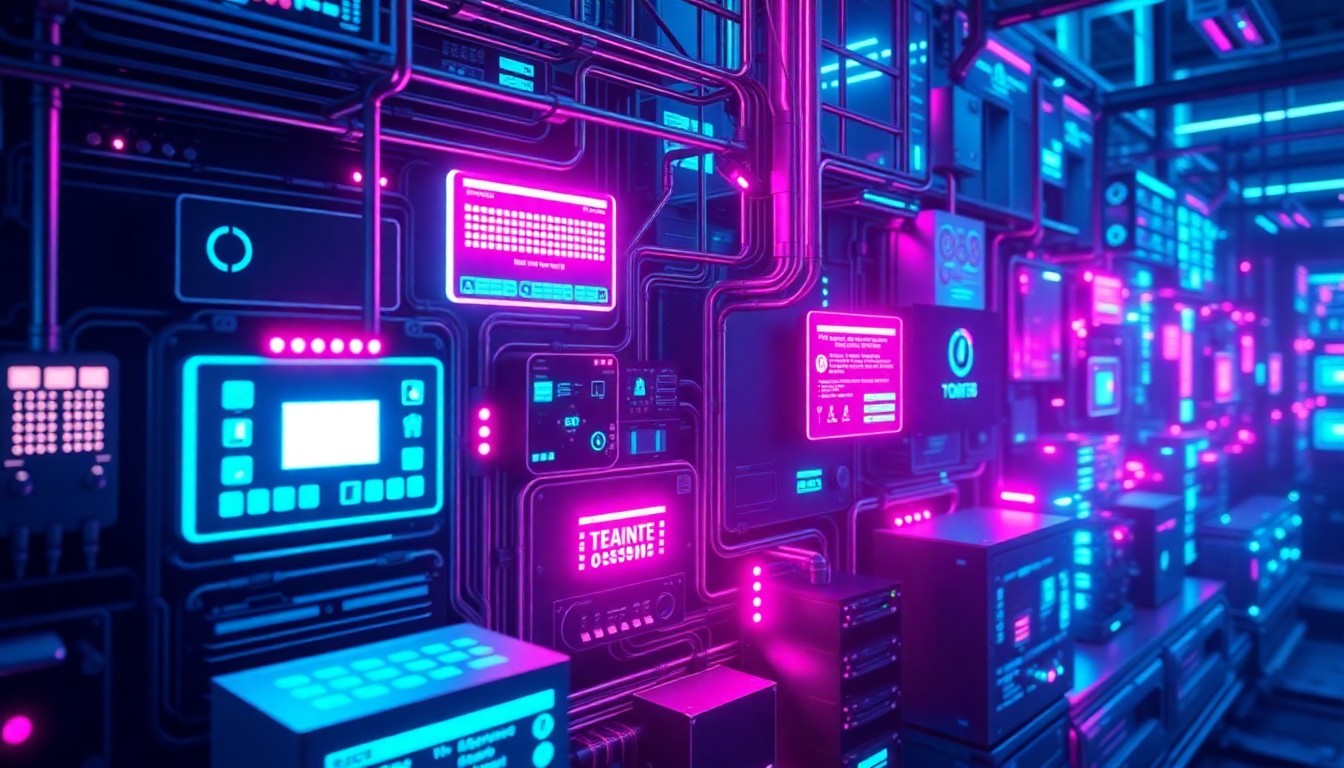 A highly detailed, glowing 3D illustration of a complex cybersecurity infrastructure, with neon cyan and magenta lights illuminating the various components, conceptually representing the cutting-edge nature of Horizon3.ai's AI-powered security solutions.