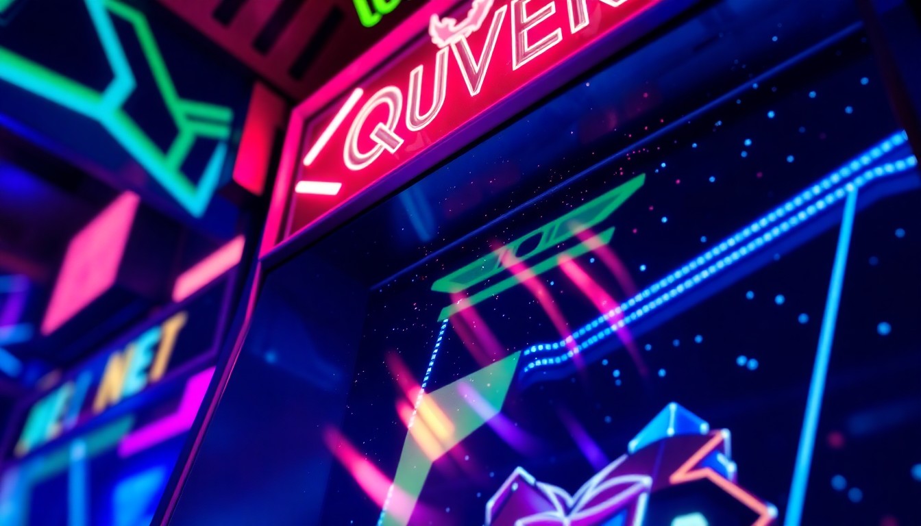 An abstract, high-contrast close-up photograph of an arcade game screen, featuring bold geometric shapes and neon lights, conveying the energetic and visually striking nature of the Killer Queen gaming experience.