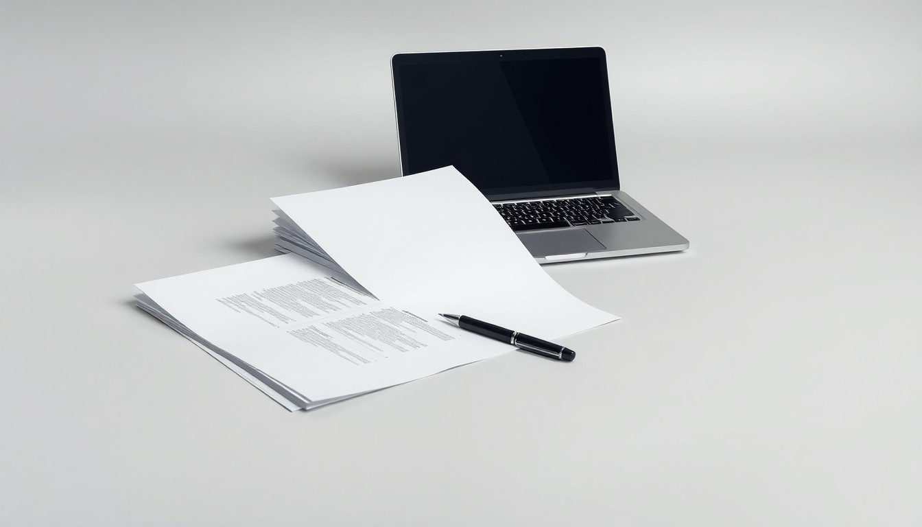 A minimalist studio still life photograph featuring a stack of business documents, a laptop, and a pen arranged on a clean, monochromatic background, conceptually representing the strategic focus and operational rigor behind RethinkFirst's enterprise sales efforts.