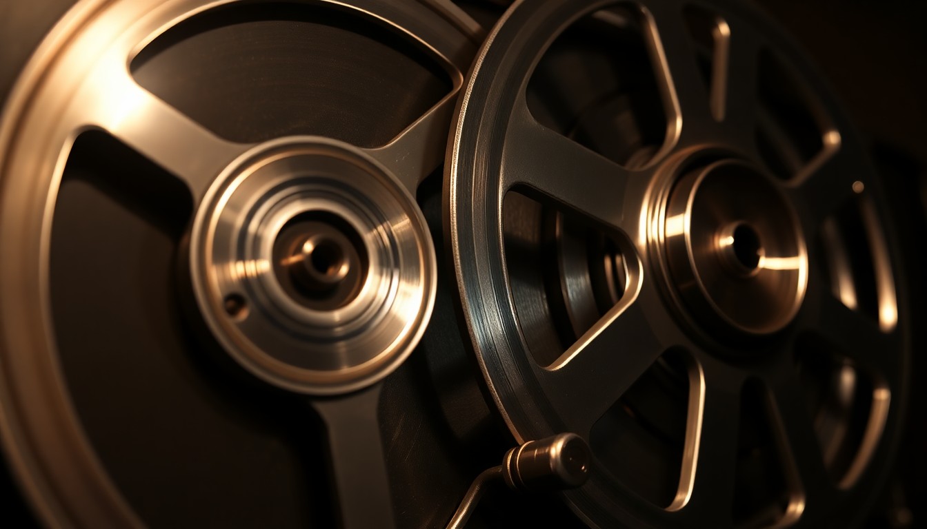 An extreme close-up of the intricate components of a vintage reel-to-reel tape recorder, capturing the technical details and craftsmanship that have allowed the preservation of decades of live music performances.