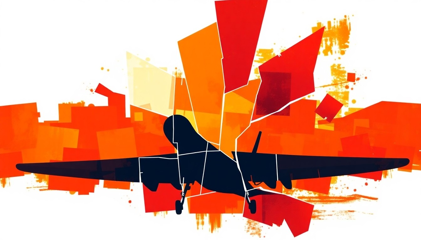 A dynamic, fragmented painting in warm tones depicting the silhouette of a military aircraft or drone, conveying the escalating tensions and conflict between the U.S. and Iran.