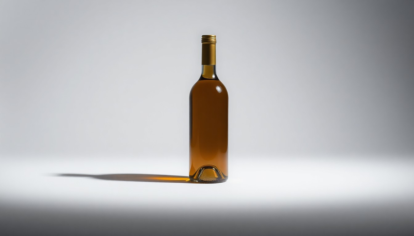 A photorealistic studio still life of a single, elegant wine bottle made of polished glass and metal, resting on a clean, monochromatic background and illuminated by dramatic studio lighting, conceptually representing the abstract corporate strategy and market pressures facing the wine industry.