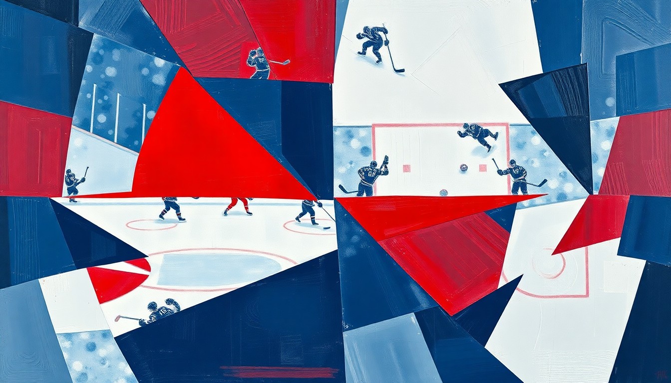 A fragmented, geometric painting depicting a hockey player in motion, with sharp planes of navy, crimson, and white overlapping to create a dynamic, abstract composition.