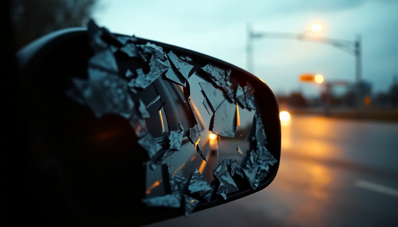 An extreme close-up photograph of a shattered car mirror reflecting a dim street light, conceptually representing the aftermath of a serious intersection collision.