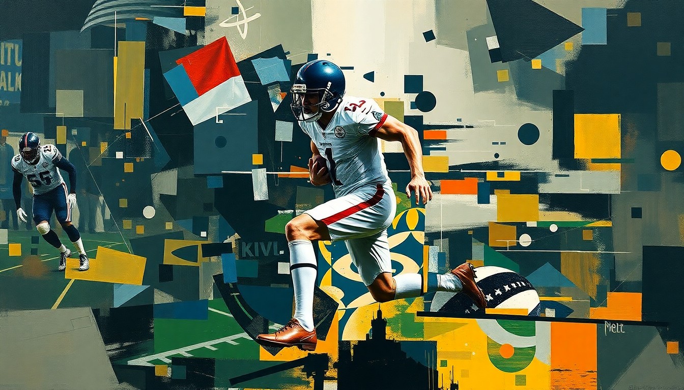 A fragmented, cubist-style painting depicting a football player's movements broken down into sharp, geometric shapes and planes, conceptually representing the mental health struggles of professional athletes.