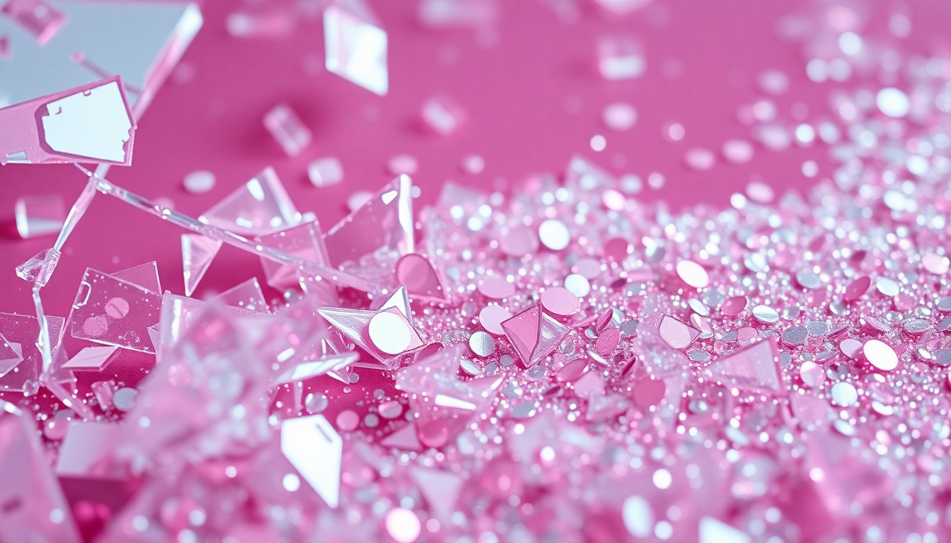 An abstract close-up photograph featuring shattered glass and sparkling sequins, capturing the glamour and tragedy of a young celebrity's life cut short.