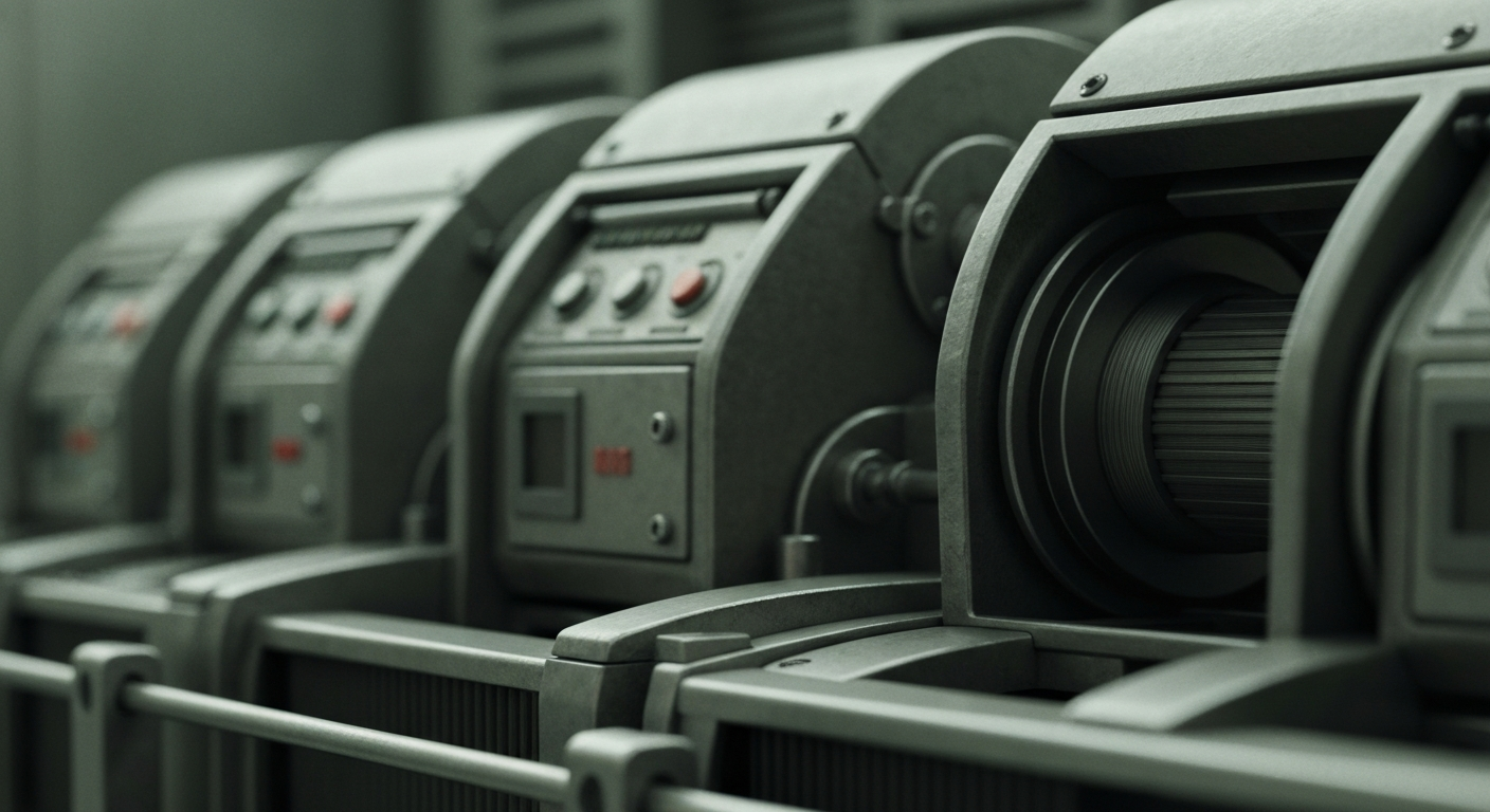 A highly detailed, black-and-white close-up image of the inner workings of a large industrial banking machine, conveying the sense of the heavy, physical infrastructure that supports the financial industry.