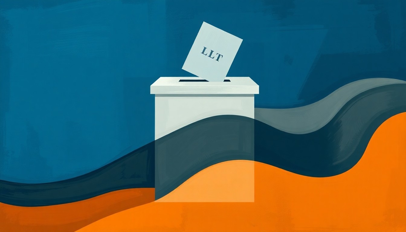 A dynamic, abstract painting featuring a fragmented ballot box shape in shades of blue, gray, and orange, conveying the disruption and challenges facing election officials.