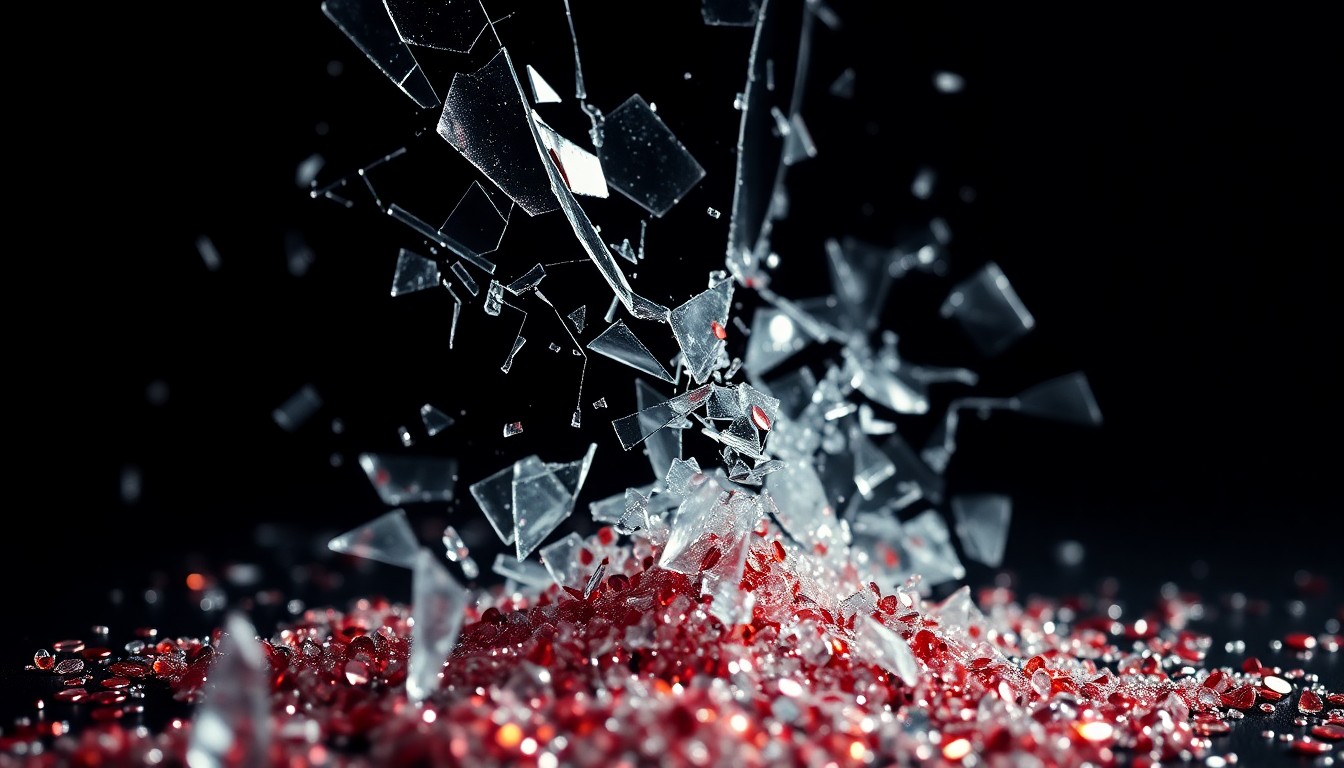 An extreme close-up photograph of shattered glass and glittering sequins, conceptually representing the fragile nature of celebrity culture and the challenges of revisiting personal trauma in the public eye.