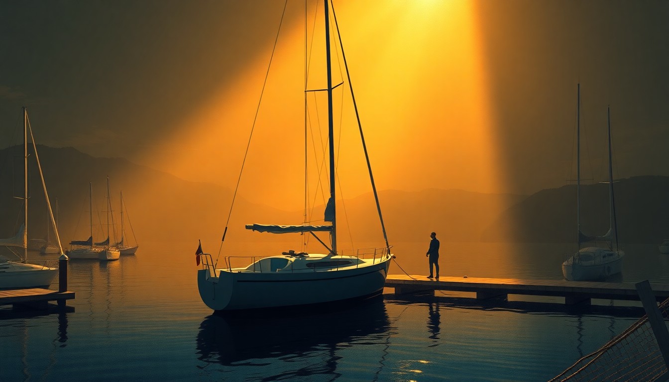 A serene oil painting of a sailboat docked at a marina, with the warm glow of the sun casting long shadows across the weathered wooden planks, conceptually representing the quiet, civic deliberations of a local government advisory committee.