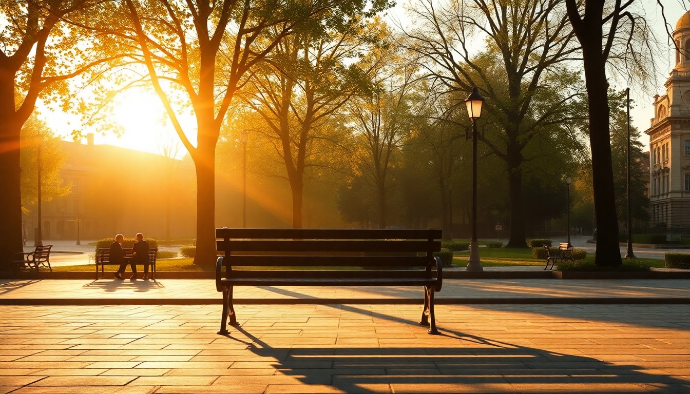 A serene, nostalgic painting of a peaceful town square with a solitary park bench, capturing the quiet contemplation and personal connections at the heart of this political transition.