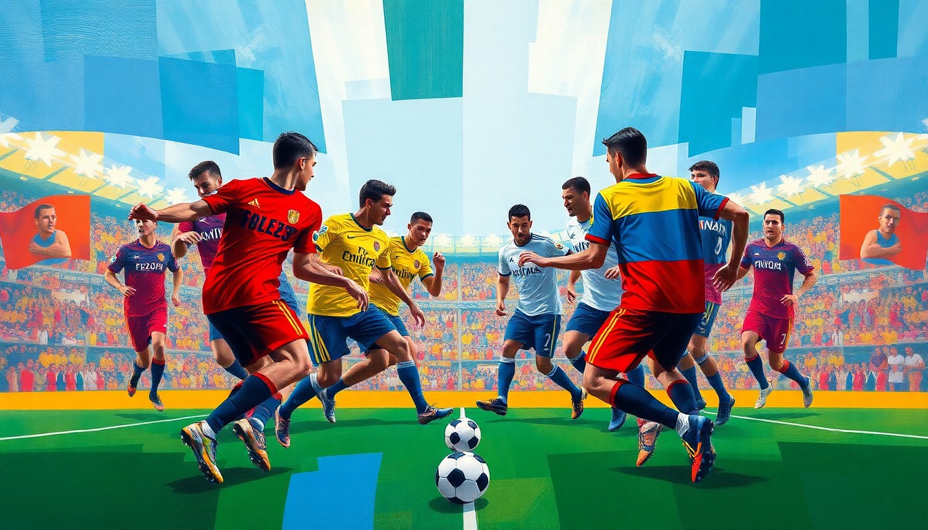 A cubist, geometric painting featuring overlapping planes of color representing a soccer match, conveying the conceptual idea of a legal dispute over a missed event.