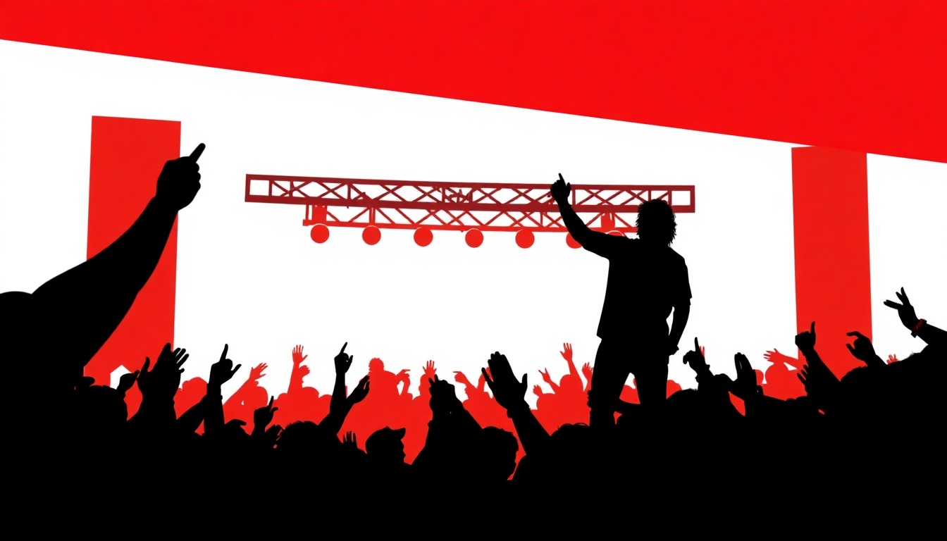 A minimalist, abstract illustration featuring bold, jagged black silhouettes against a bright red background, conceptually representing the disappointment and frustration of a music festival ticket scam.