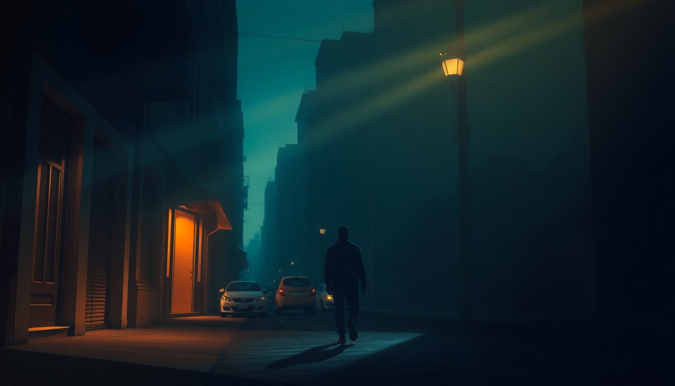 A solitary figure of a Haitian immigrant walking alone down a dimly lit urban street, the scene bathed in warm, cinematic lighting and deep shadows, conveying a sense of isolation and uncertainty.