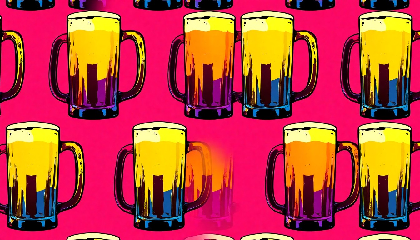 A grid of brightly colored, high-contrast silkscreen images of a classic dive bar beer mug, conceptually representing the timeless allure of unpretentious neighborhood watering holes.