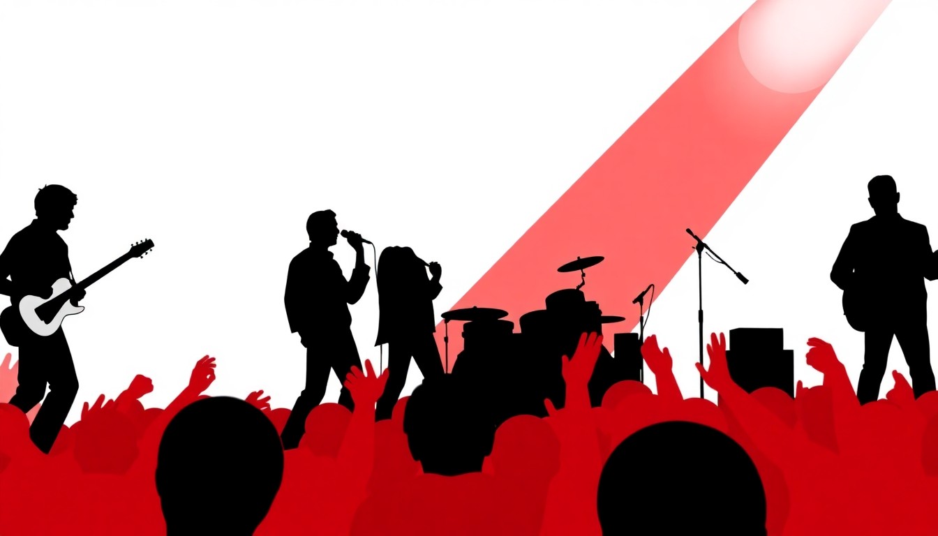 An abstract, minimalist illustration using bold black shapes and high-contrast colors to conceptually represent the tension between official and bootleg merchandise at a music concert.