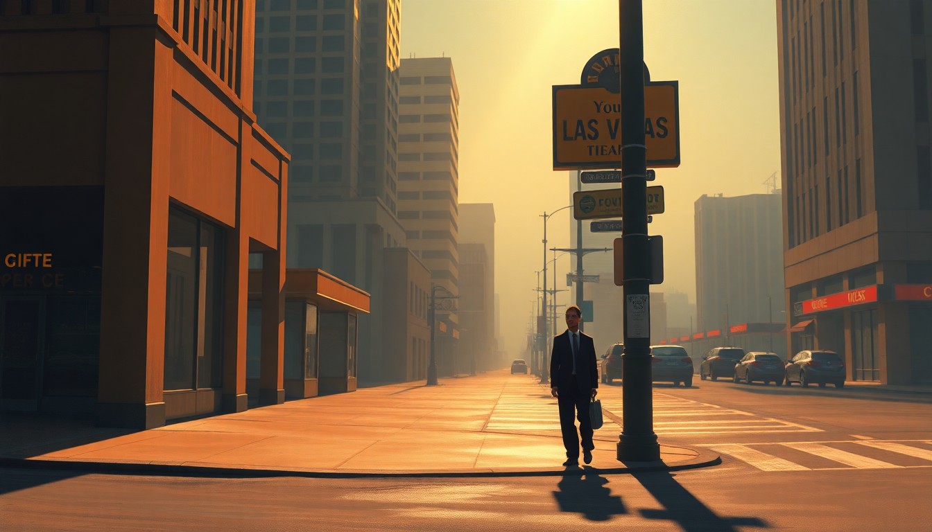 A photorealistic painting of a lone businessman standing on a downtown Las Vegas street corner, the warm sunlight casting deep shadows across the scene, capturing the cinematic mood and nostalgia of the city's urban landscape.