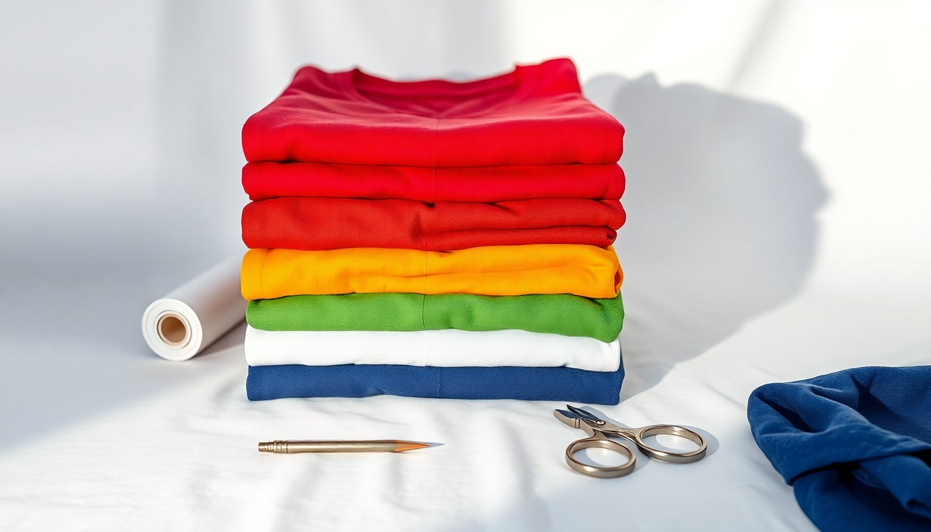A minimalist studio still life photograph featuring a stack of neatly folded t-shirts, a roll of fabric, and a pair of scissors arranged elegantly on a clean, white background, conceptually representing the custom manufacturing process and quality of the merchmthd brand.