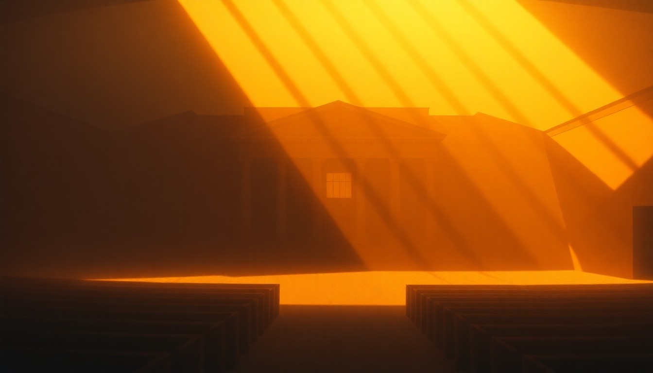 A serene, cinematic painting depicting the exterior of a government building or public meeting space, with warm sunlight casting dramatic shadows across the scene, conveying a sense of quiet contemplation and civic engagement.