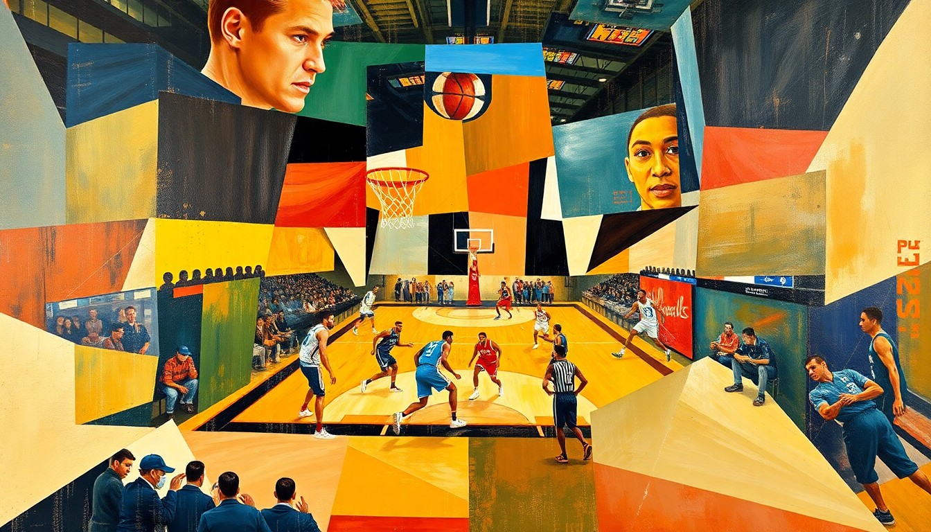 A cubist, geometric painting depicting a basketball game or match broken down into sharp, overlapping planes of color and shape, representing the fractured state of the Memphis Grizzlies organization.