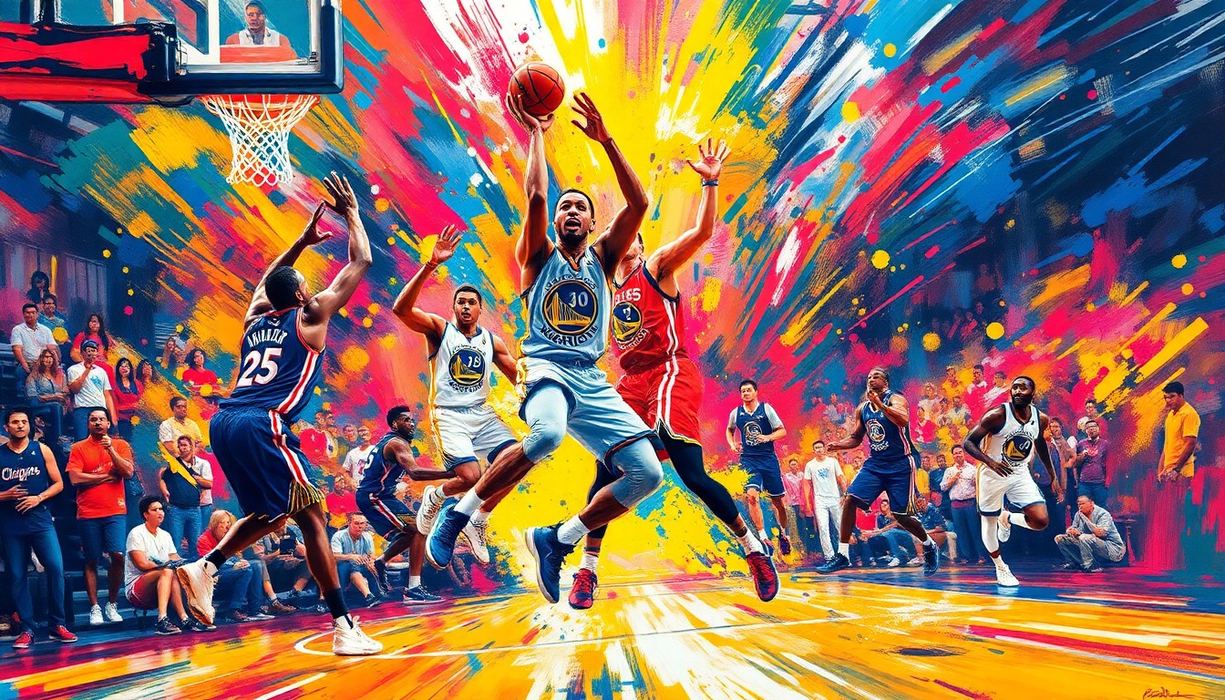 An abstract, energetic painting in neon colors and expressive brushstrokes, capturing the intensity and drama of a high-stakes basketball game.