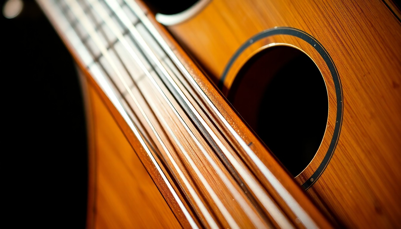 An extreme close-up photograph of the intricate body and strings of a laouto, the traditional Greek string instrument, captured in dramatic, high-contrast studio lighting to create a glitzy, high-fashion aesthetic.
