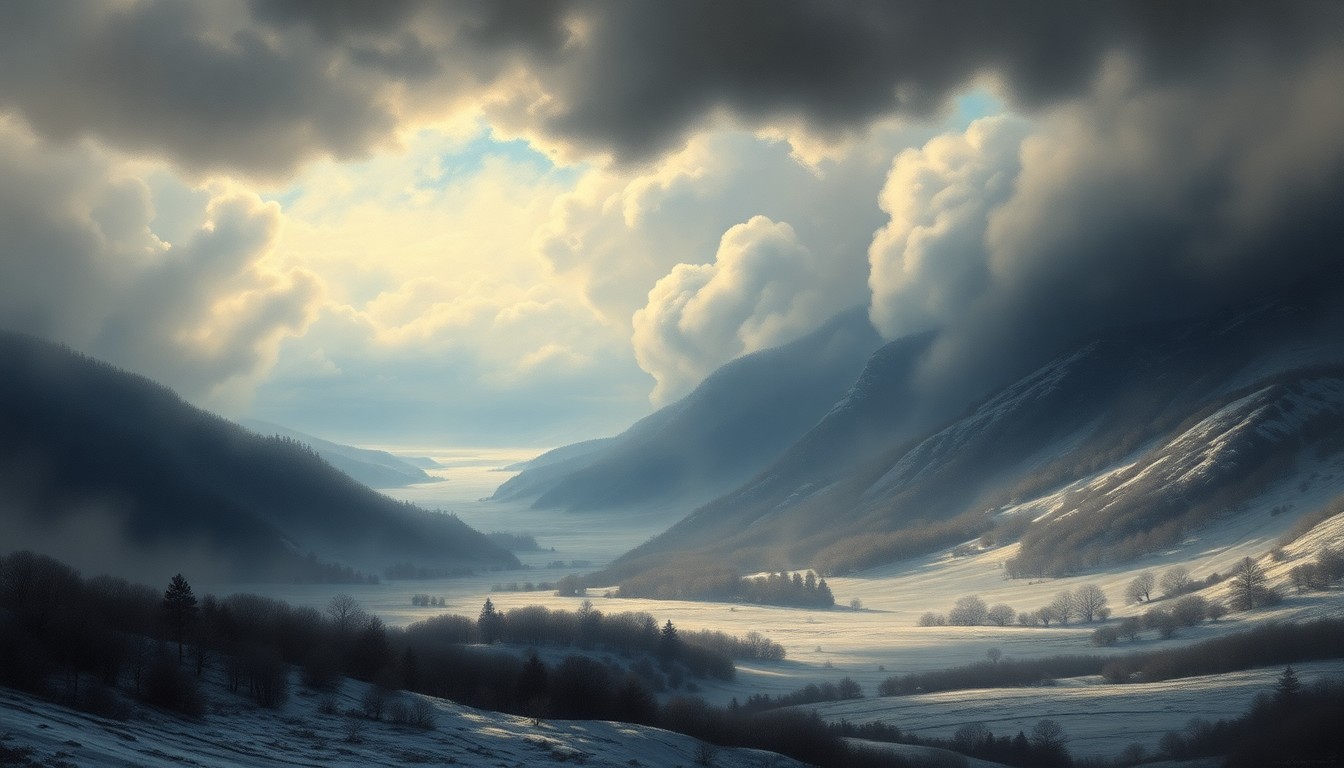 A vast, atmospheric landscape painting depicting a dramatic cold front sweeping across the New Jersey countryside, with dark clouds, heavy rain, and a sense of the overwhelming power of nature.