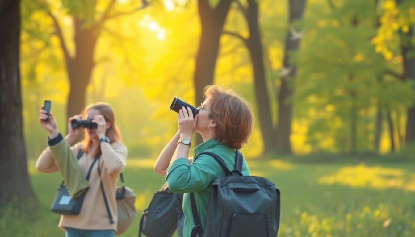 An abstract, impressionistic scene of blurred shapes and colors representing birders exploring a lush, green park, conveying the peaceful, immersive experience of the Bluegrass Birding Festival.
