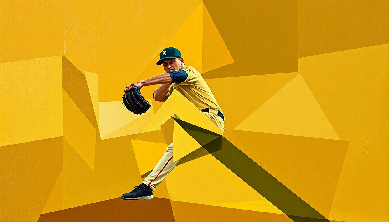 A fragmented, geometric painting depicting a baseball pitcher's motion broken down into sharp, overlapping planes in muted earth tones, conceptually representing the challenges a foreign player faces adjusting to a new country and culture.